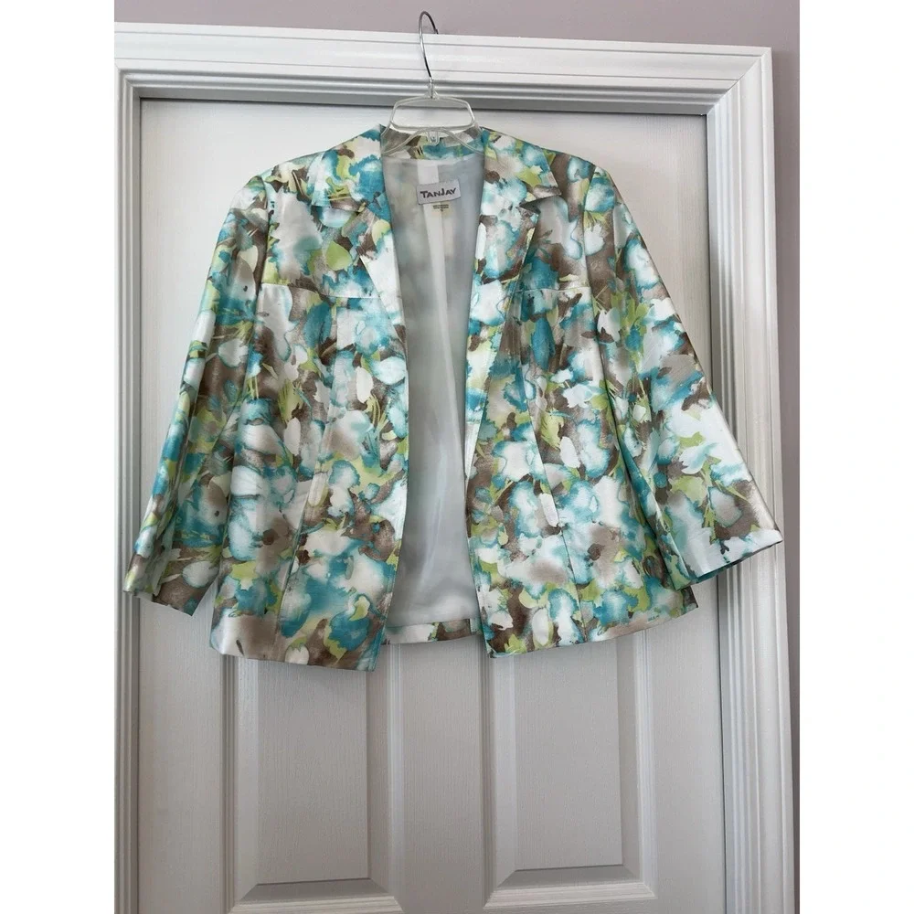 TanJay Jacket Womens 12‎ Green Floral Jacquard Blazer Medium Evening Office Wear